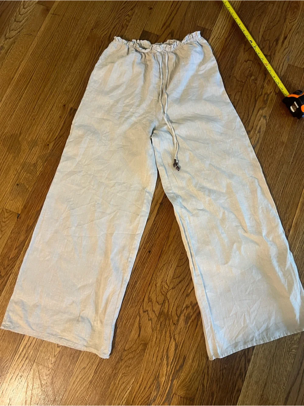 Zara Beige Wide-Leg Linen Blend Drawstring Pants